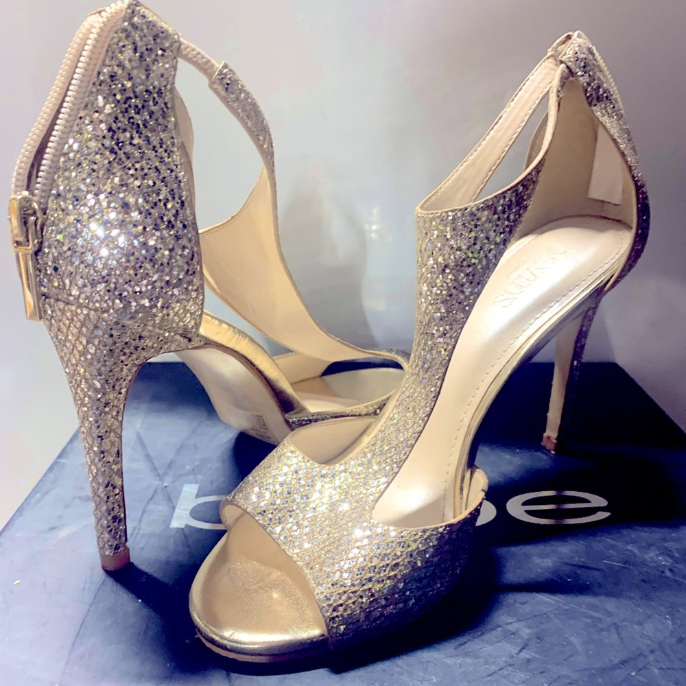 David’s Bridal silver / glitter open-toe high heels
